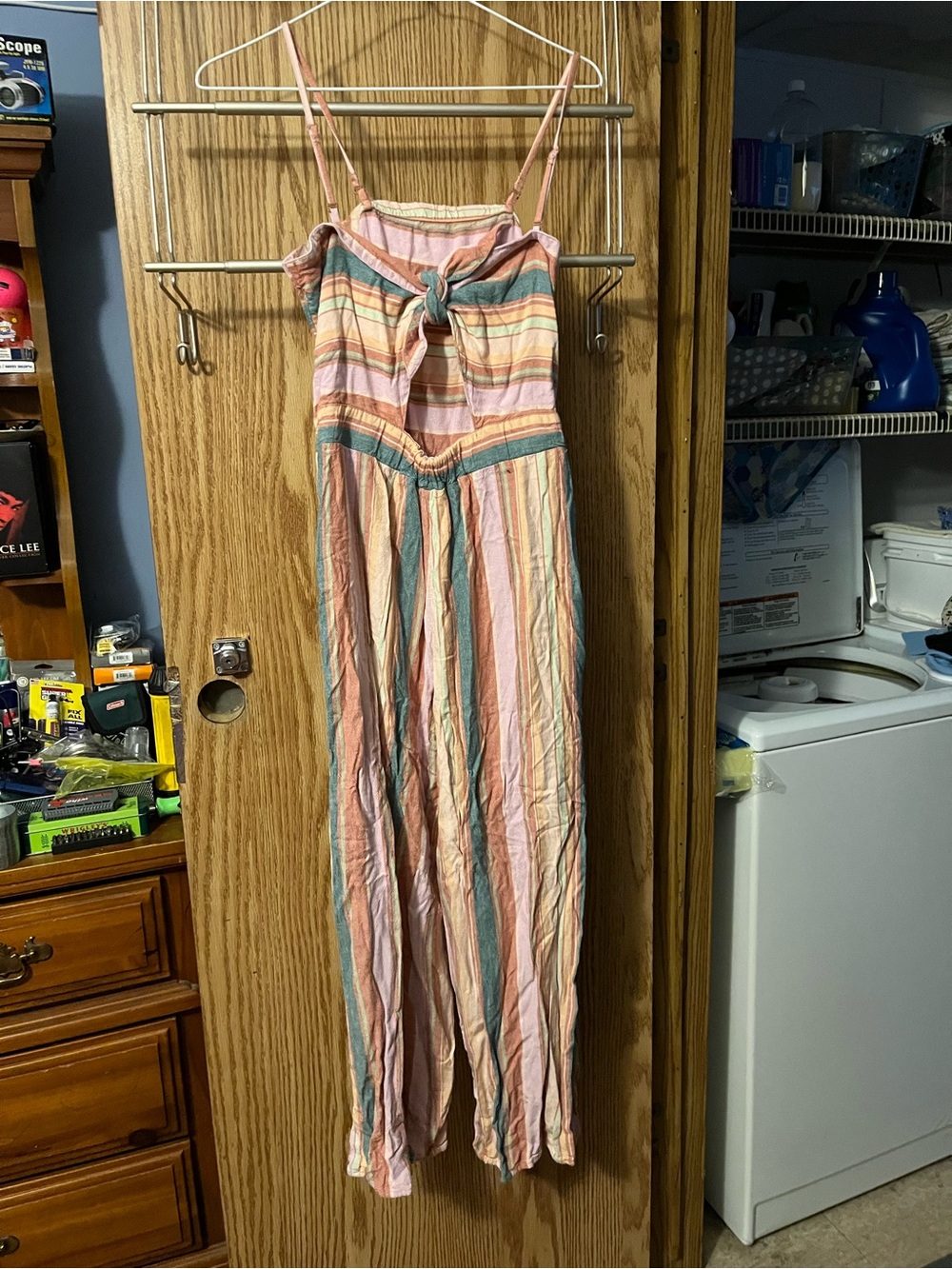 American Eagle Outfitters Striped Tie-Front Jumpsuit in Pink, Peach & Teal